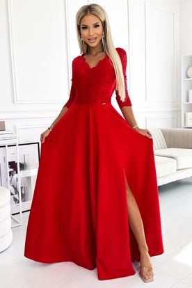 Červené dlhé spoločenské šaty s čipkou zvonovou sukňou a rozporkom