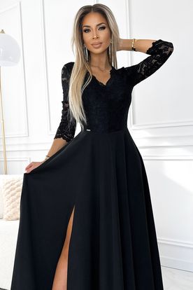 Čierne dlhé spoločenské šaty s čipkou zvonovou sukňou a rozporkom