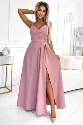 Elegantné dlhé ružové spoločenské šaty s veľkou sukňou s rázporkom