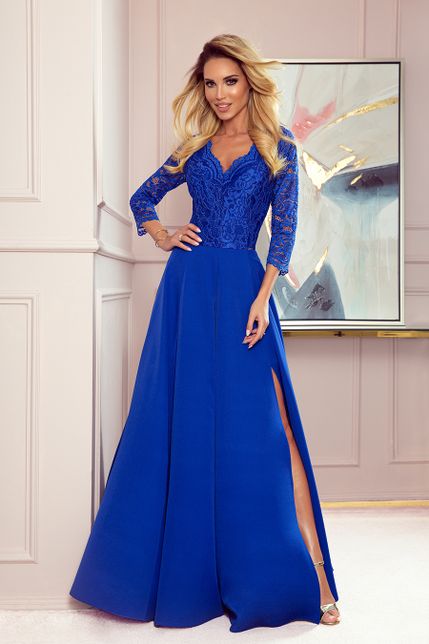 Modré dlhé spoločenské šaty s čipkou zvonovou sukňou a rozporkom