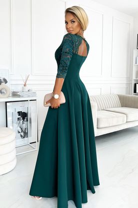 Smaragdové dlhé spoločenské šaty s čipkou zvonovou sukňou a rozporkom